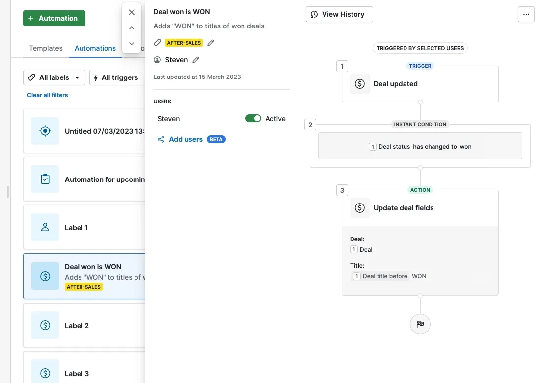 image of automation setup in pipedrive software